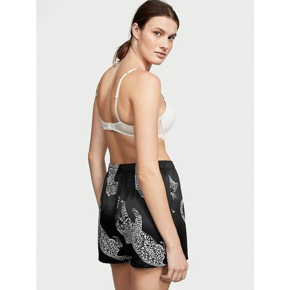 Victoria's Secret Satin Shine Patch Black Leopard Bling Shorts Boxer Pajama SM - Picture 2 of 10